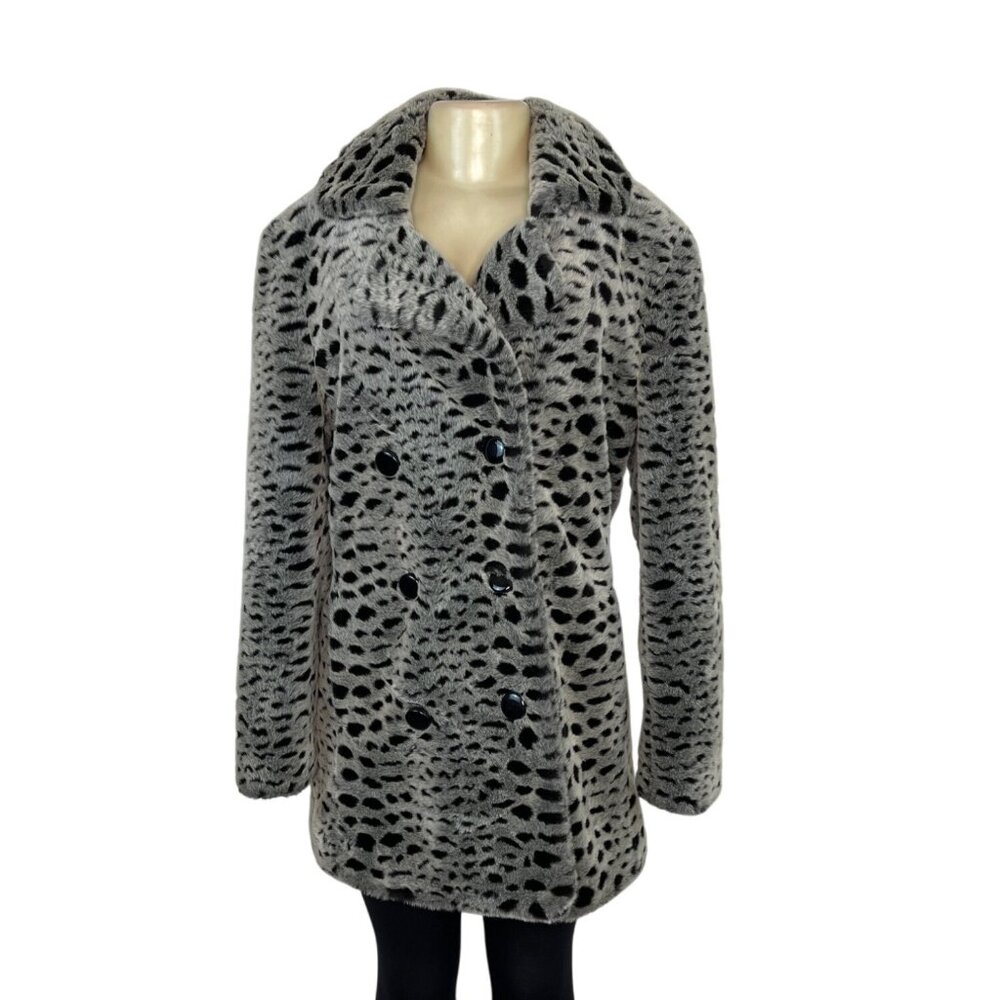 Unique New York Women's Grey Faux Leopard Fur Double-Breasted Coat Sz S